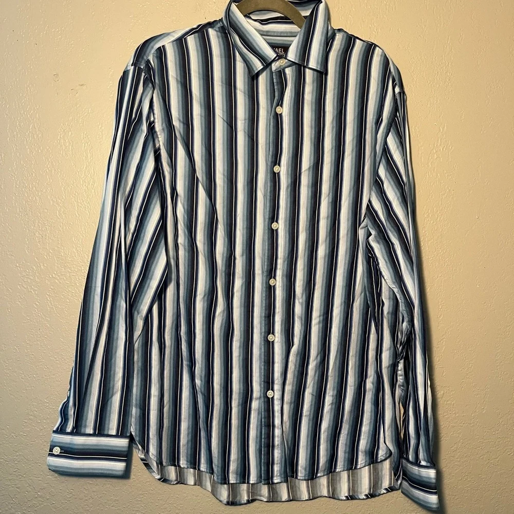 MICHAEL Michael Kors Blue White Stripe Casual Button Up Dress Shirt SZ L Cuffed - Picture 1 of 11